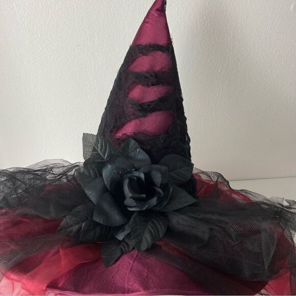 Halloween Red Black Mesh Witchy Hat Black Roses ‎ Whimsigoth Grunge Cosplay OS - Picture 3 of 10